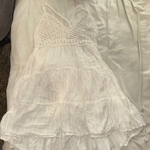 AERIE Dress Medium A-Line Mini Crochet Cross Strap Tiered Tie Back White